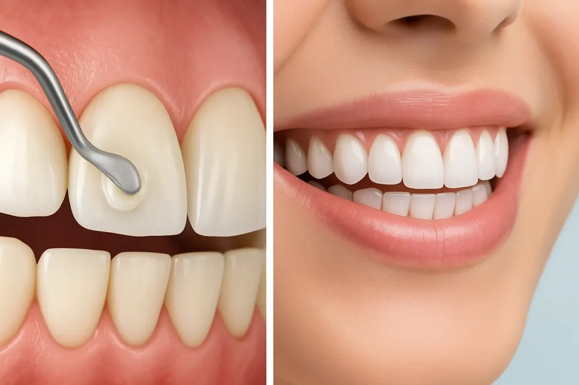 Side-by-side close-up comparison of dental bonding and porcelain veneers showing realistic treatment details on teeth and gums in a clean clinical setting