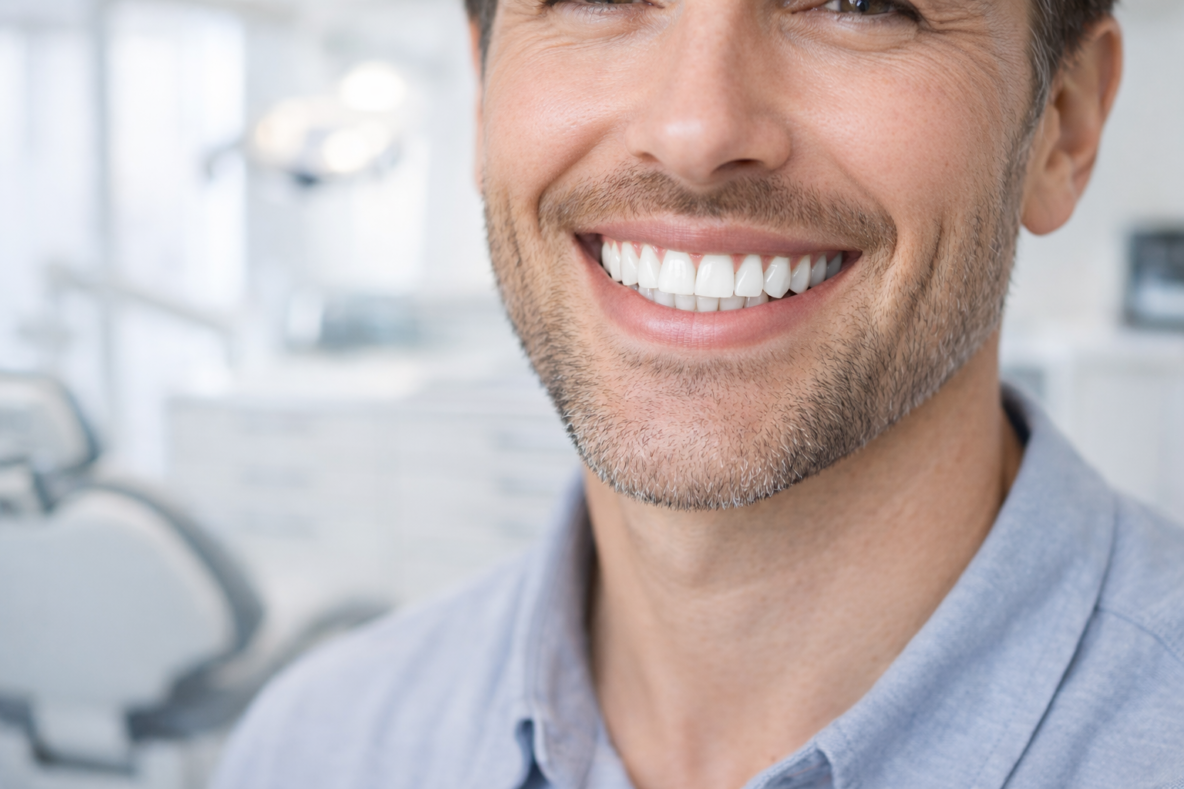 Close-up of a full smile restored with All-on-6 dental implants at Prisma Dental in Costa Rica
