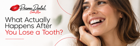 Smiling woman featured in a Prisma Dental educational article about what happens after losing a tooth.